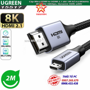 CÁP MICRO HDMI TO HDMI 8K@60HZ DÀI 2M HỖ TRỢ DYNAMIC HDR, EARC UGREEN 15517 CAO CẤP